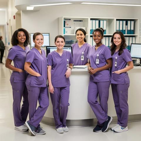 A group of nurses in purple scrubs at a hospital reception desk